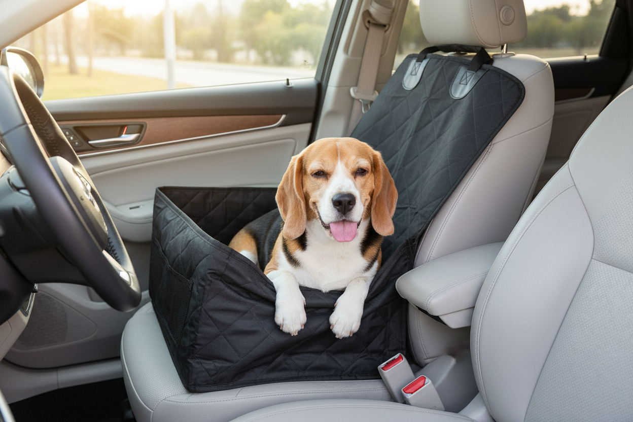 Beagle en asiento para mascotas